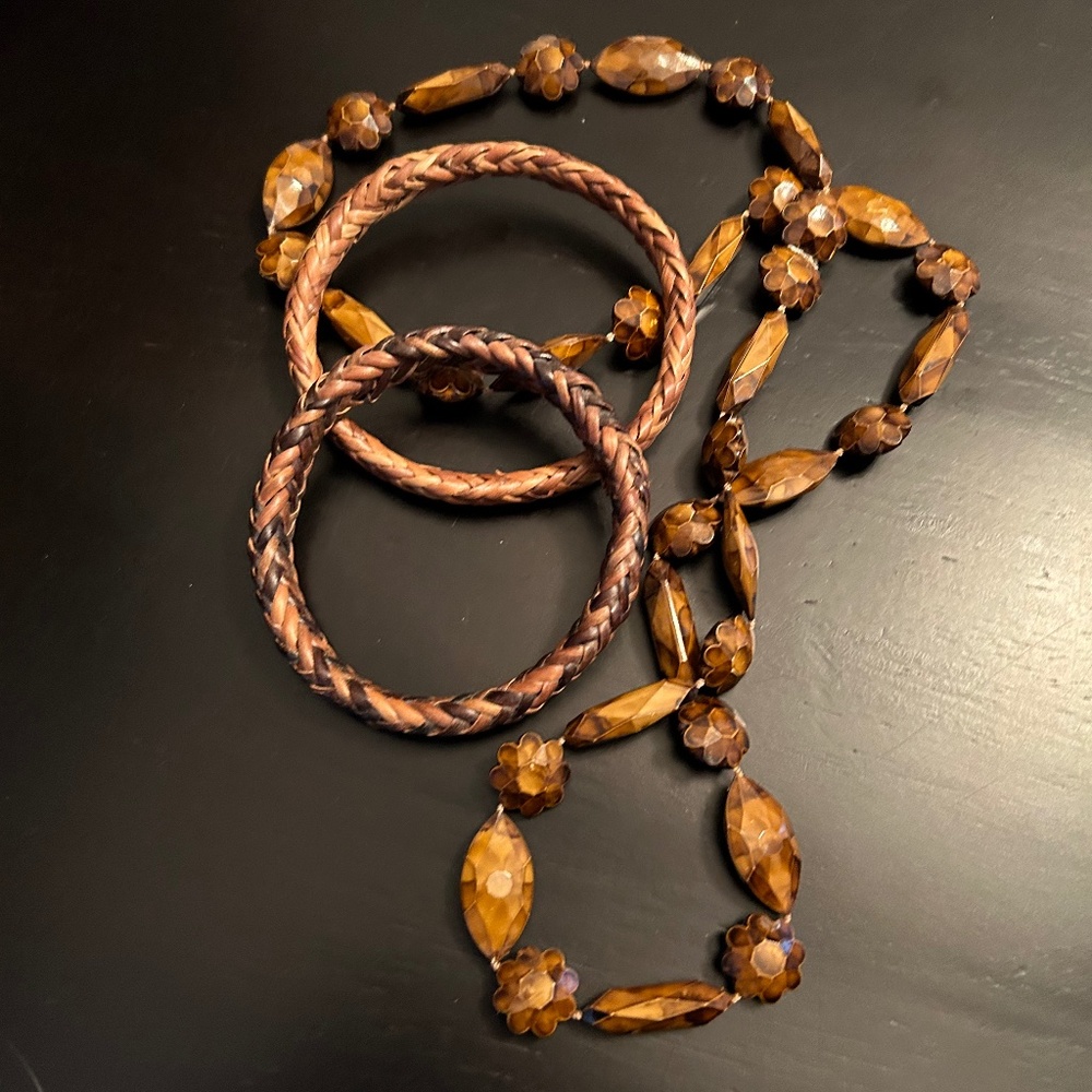 Vintage Lot Tortoise Beaded Celluloid Necklace & 2 Basket Weave Bangle Bracelets
